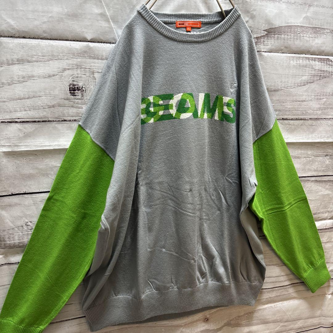 ー品販売  ロゴセーター GOLF BEAMS 刺繍 XL 黄緑 グレー バイカラー トップス