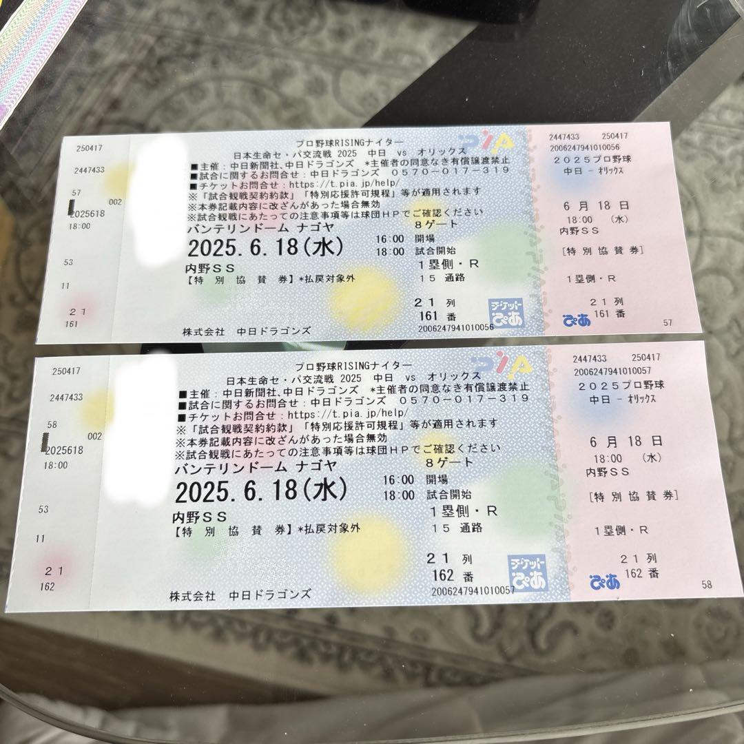 【2枚】プロ野球観戦チケット 中日ドラゴンズ対オリックス・バファローズ　内野SS