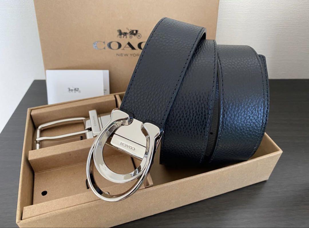 COACH ブラックレザーベルト 2バックル付き