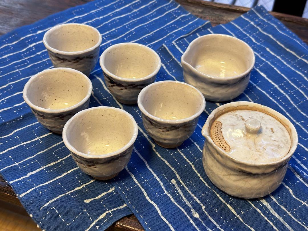 陶器製 湯飲み5個と急須セット 志野焼？ 清山窯？