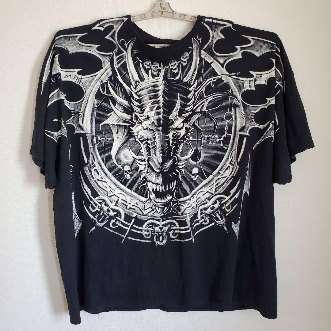希少6XL　LIQUID BLUE ドラゴン スカル Tシャツ ブラック