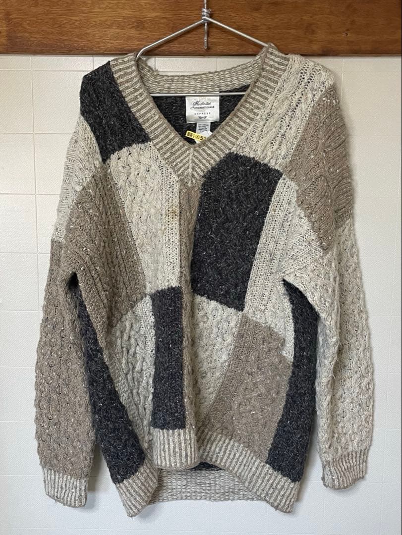 【一点モノ‼️】ハンドメイド グレー系パッチワークニットセーター メンズ Lサイズ