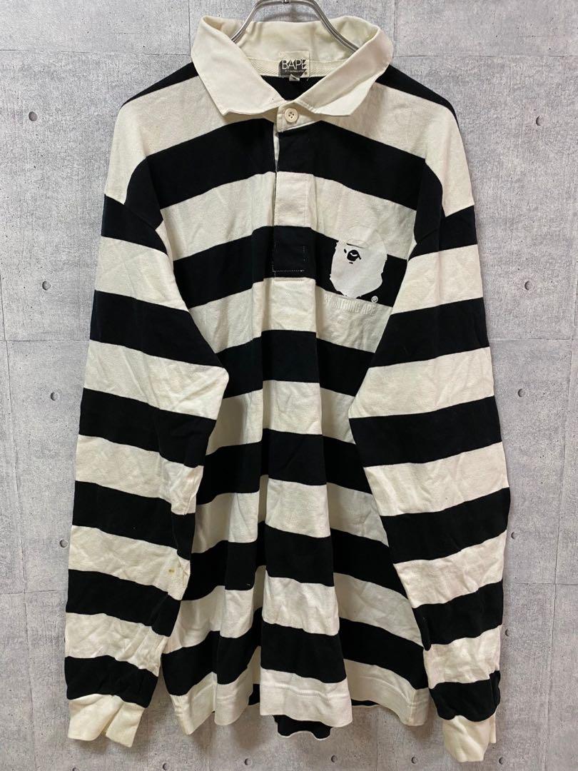 BAPE 長袖ポロシャツ　ボーダー　エルボーパッチ　白黒　プリントロゴ　L