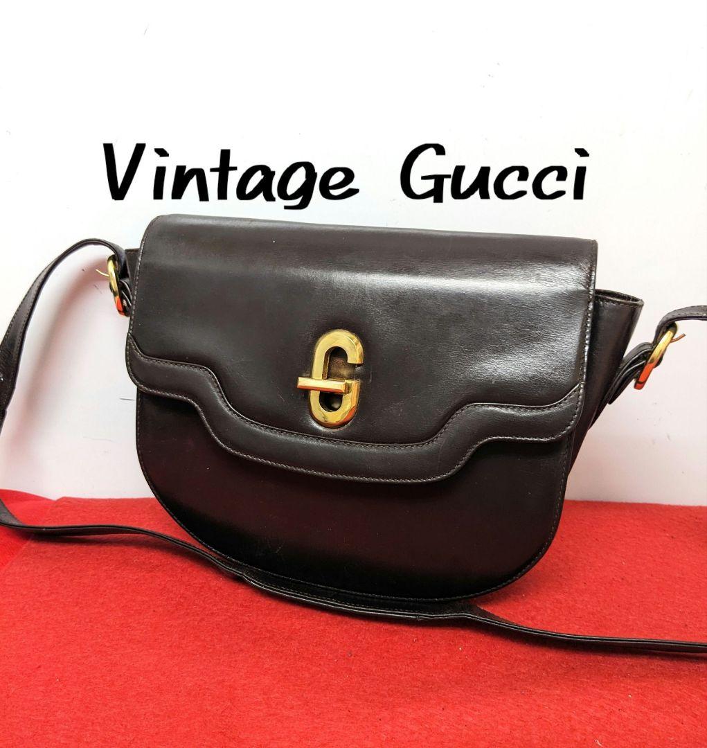 希少！Gucci ターンロック レザーハンドバッグ ダークブラウンオールドグッチ