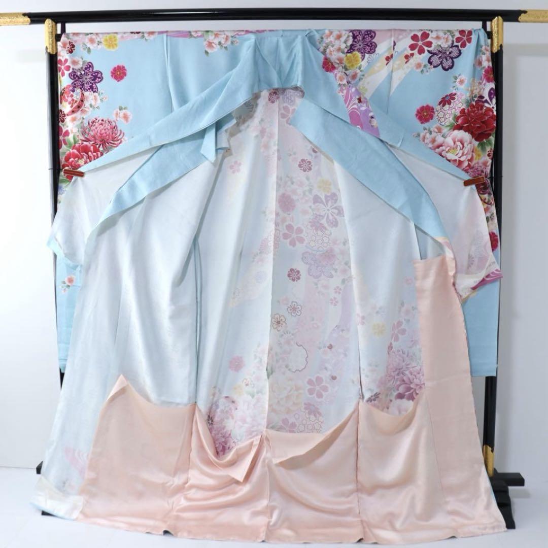 【上品】 D006☆送料込み❣️仮絵羽 未仕立て 八 熨斗に牡丹・菊模様 振袖 着物・浴衣