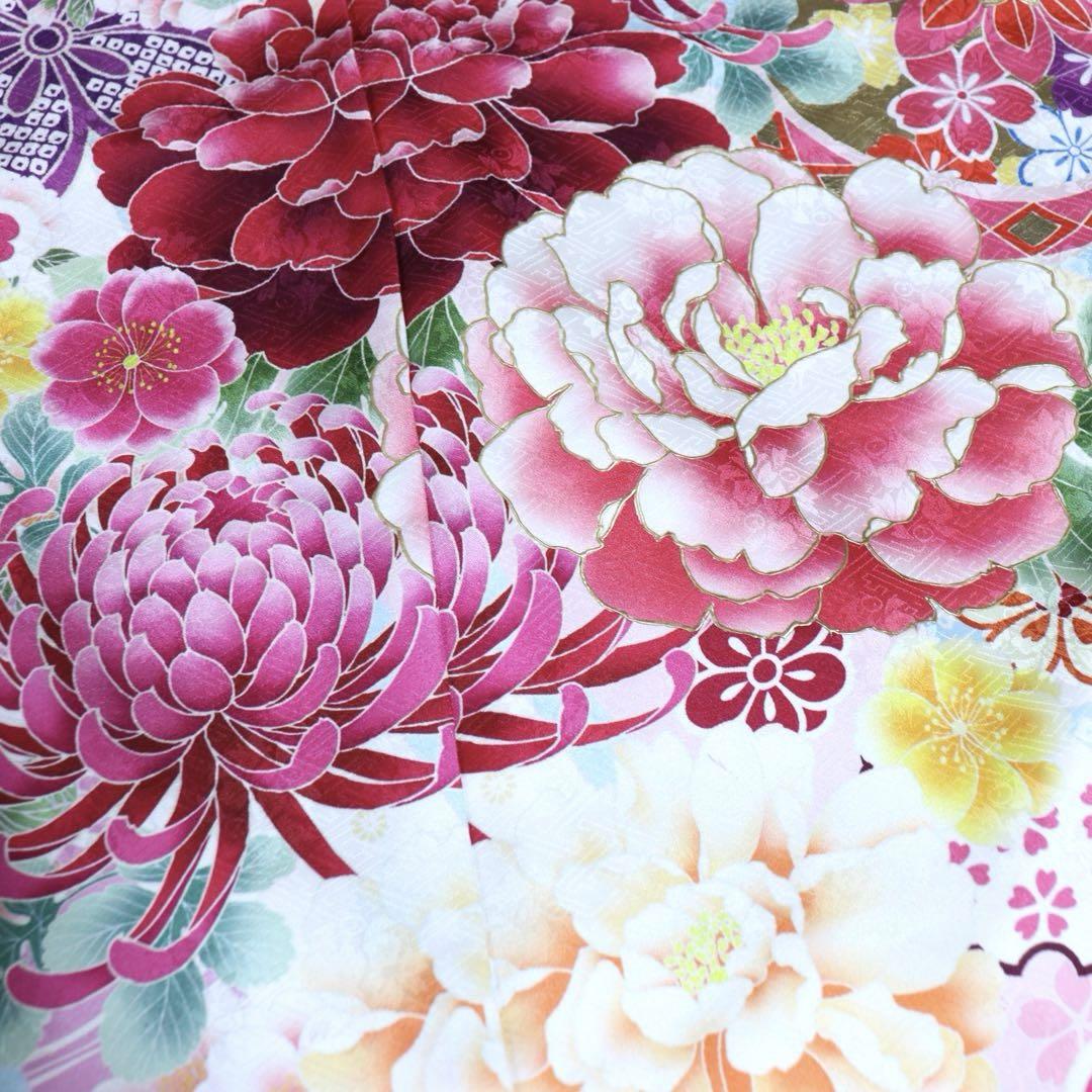 充実の品 D006☆送料込み❣️仮絵羽 未仕立て 八 熨斗に牡丹・菊模様 振袖 着物・浴衣