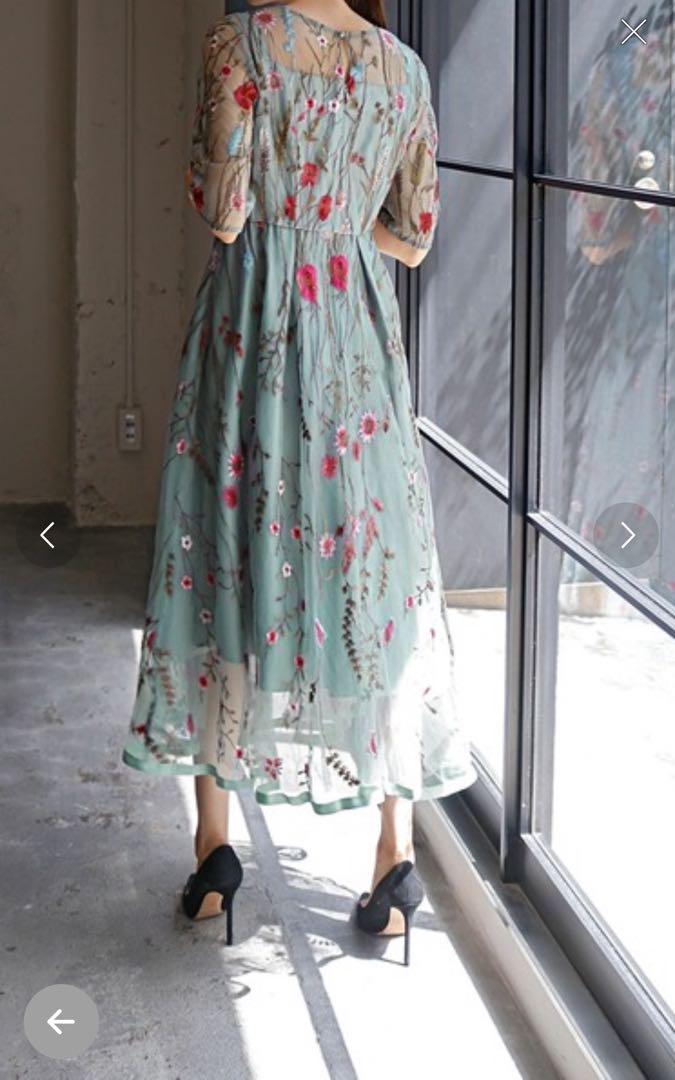 GIRL ヴィンテージ風シワ加工チュールフラワー刺繍レースミモレ丈フレア