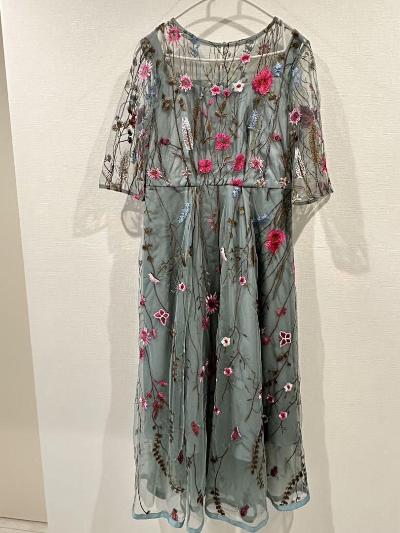 GIRL ヴィンテージ風シワ加工チュールフラワー刺繍レースミモレ丈フレア