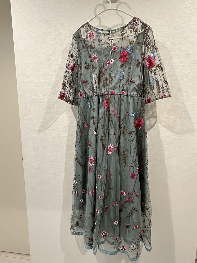 GIRL ヴィンテージ風シワ加工チュールフラワー刺繍レースミモレ丈フレア