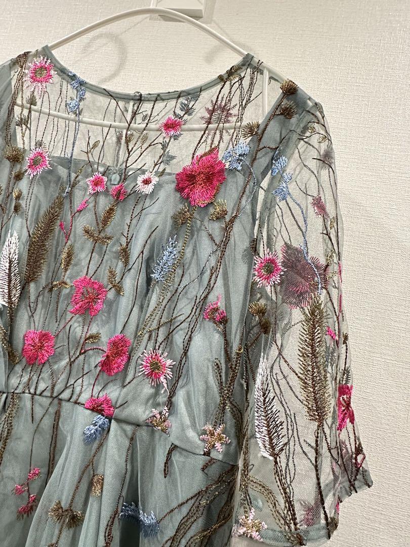 GIRL ヴィンテージ風シワ加工チュールフラワー刺繍レースミモレ丈フレア