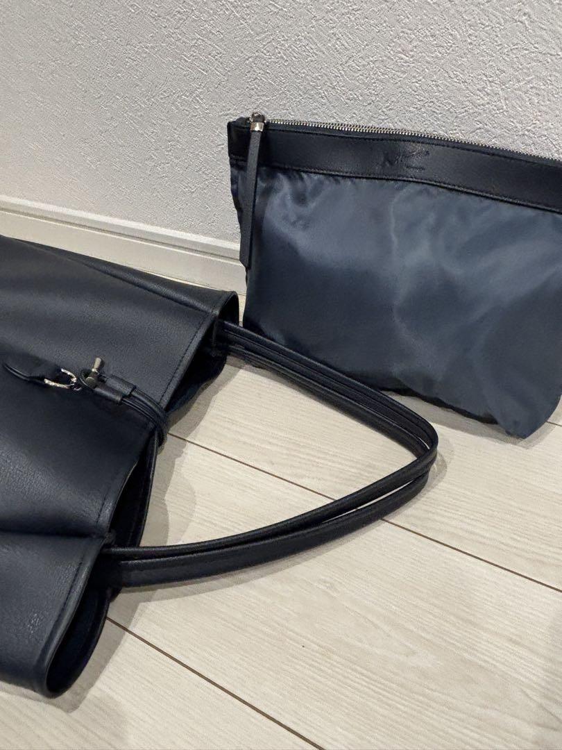 キタムラ 超美品 ネイビーレザー ポーチ付トートバッグ