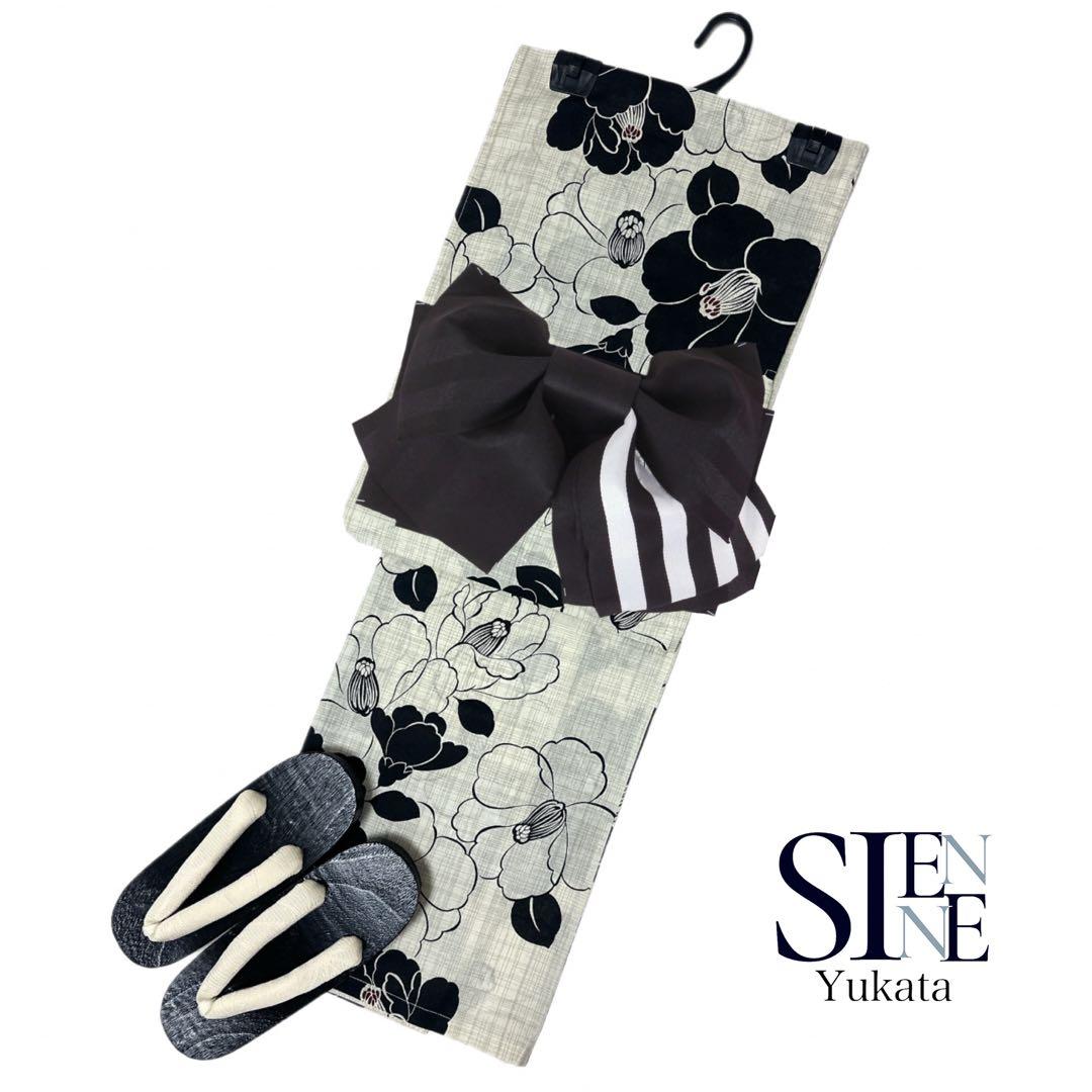 浴衣ジェンヌ 浴衣3点セット 生成り 黒 椿 ゆかた 結び帯 作り帯