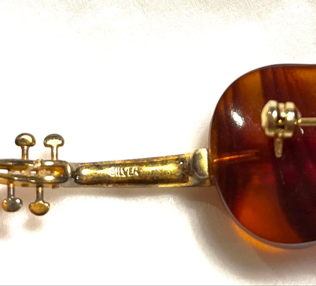 バイオリン型ブローチ　琥珀　シルバー925 ゴールド色　4弦付き