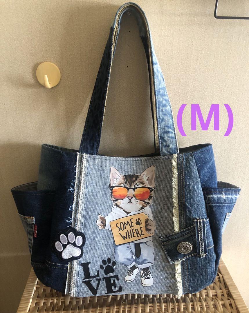 値下げ！1777【まんまるトートバッグ(M)】デニムリメイク、サイドポケット付き