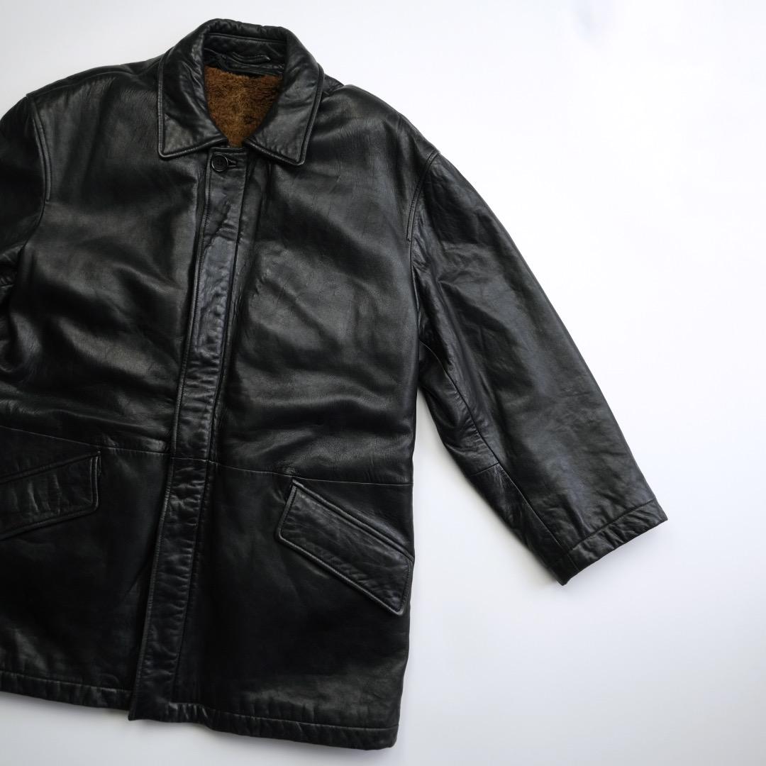 ヒューゴボス　90s レザージャケット　カーコート　本革　黒ファーライナー古着.