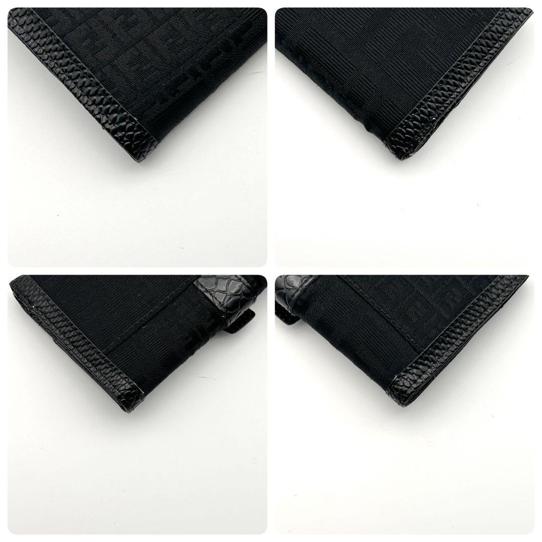 レア美品✨ FENDI 三つ折り財布 ブラック ズッカ柄【裏クロコ型