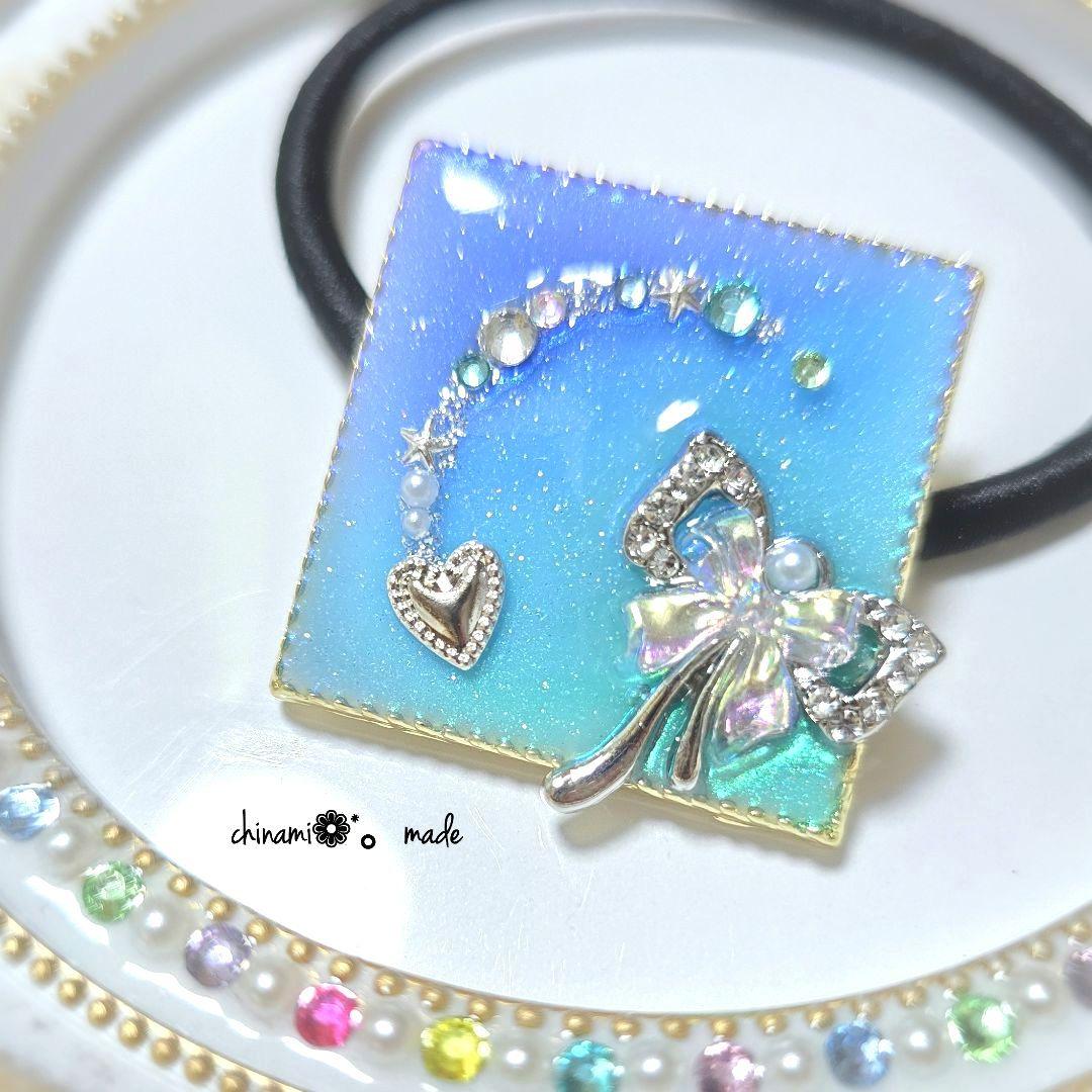 レジンヘアゴム　オレンジ　天然石　ダブルスクエア　企画12 新作】♡透き通る水のような貝殻レジンヘアゴム【金属アレルギー対応