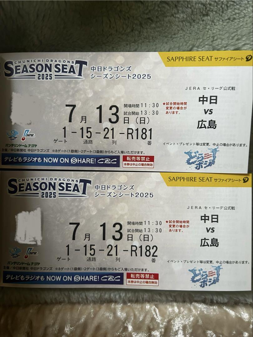 中日 vs 広島 サファイアシート ペア