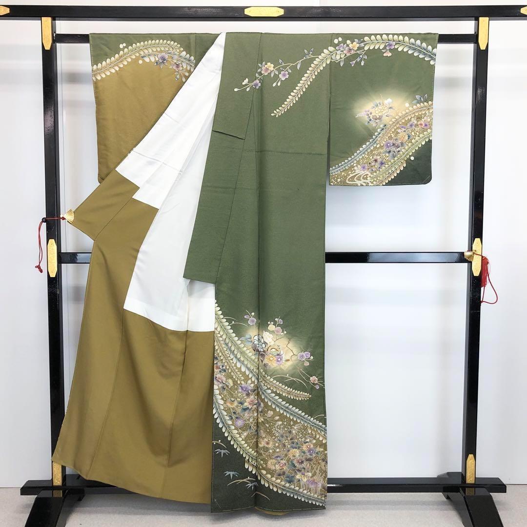 訪問着 豪華花柄絞り 鳥 金通しに地模様 岩井茶色 しつけ糸 K-3436