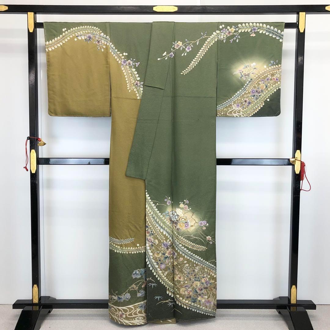 訪問着 豪華花柄絞り 鳥 金通しに地模様 岩井茶色 しつけ糸 K-3436