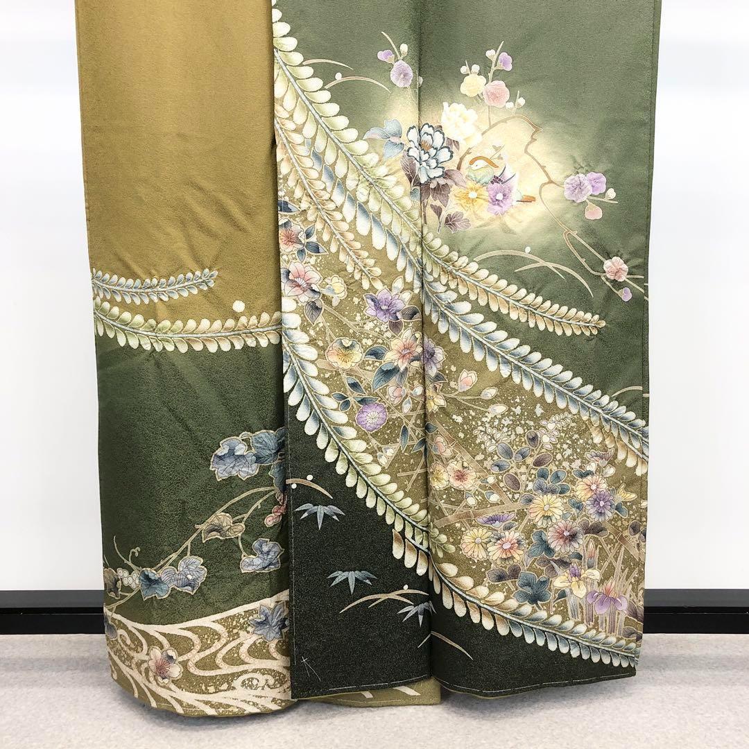 訪問着 豪華花柄絞り 鳥 金通しに地模様 岩井茶色 しつけ糸 K-3436