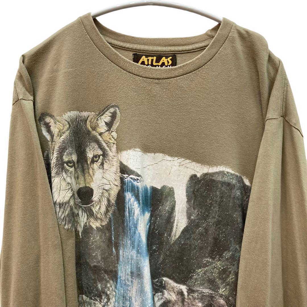 リアルアニマルプリント オオカミ 狼 ロンT 長袖Tシャツ ビッグサイズ 古着