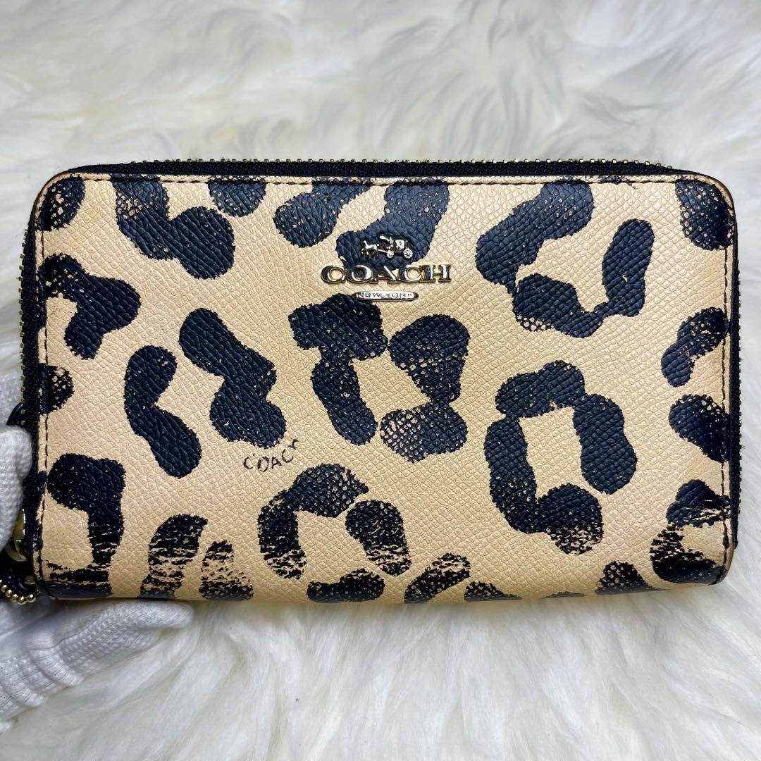 美品　Coach パッチワーク　レオパード　異素材　ラウンドジップ　長財布 美品】 coach 長財布 Wジップ ラウンドジップ レオパード 豹柄