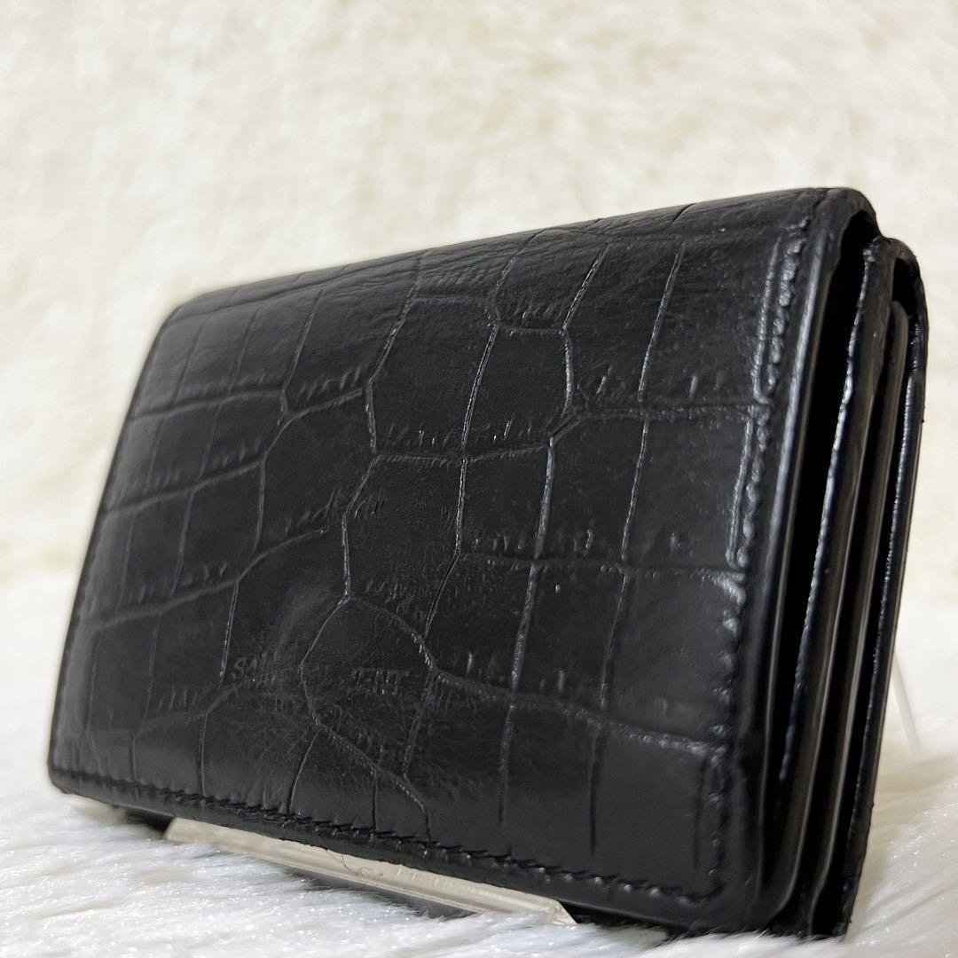 【美品】サンローラン　クロコダイル　型押し　三つ折財布　黒　ブラック　レザー クーポン】SAINT LAURENT サンローラン クロコ 型押し 三つ折り