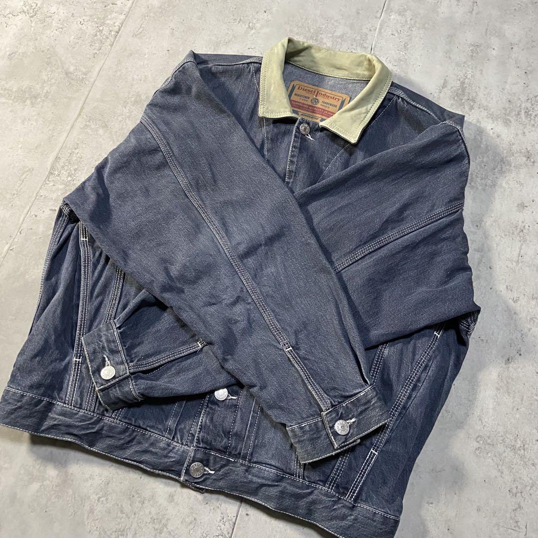 90s イタリア製 古着 DIESEL デニムジャケット 襟レザー 短丈 M〜L