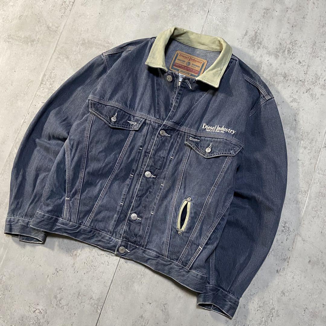 90s イタリア製 古着 DIESEL デニムジャケット 襟レザー 短丈 M〜L