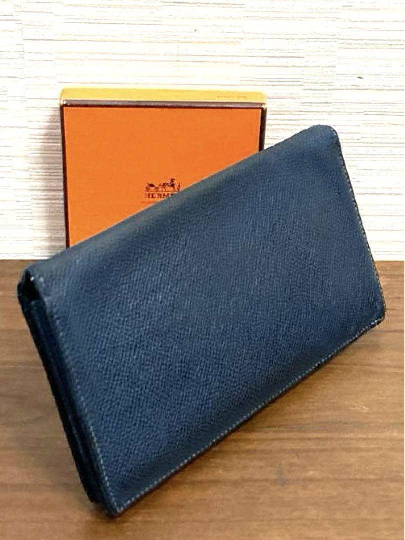 HERMES エルメス　フレミング　レザー　二つ折り長財布　ブルー系