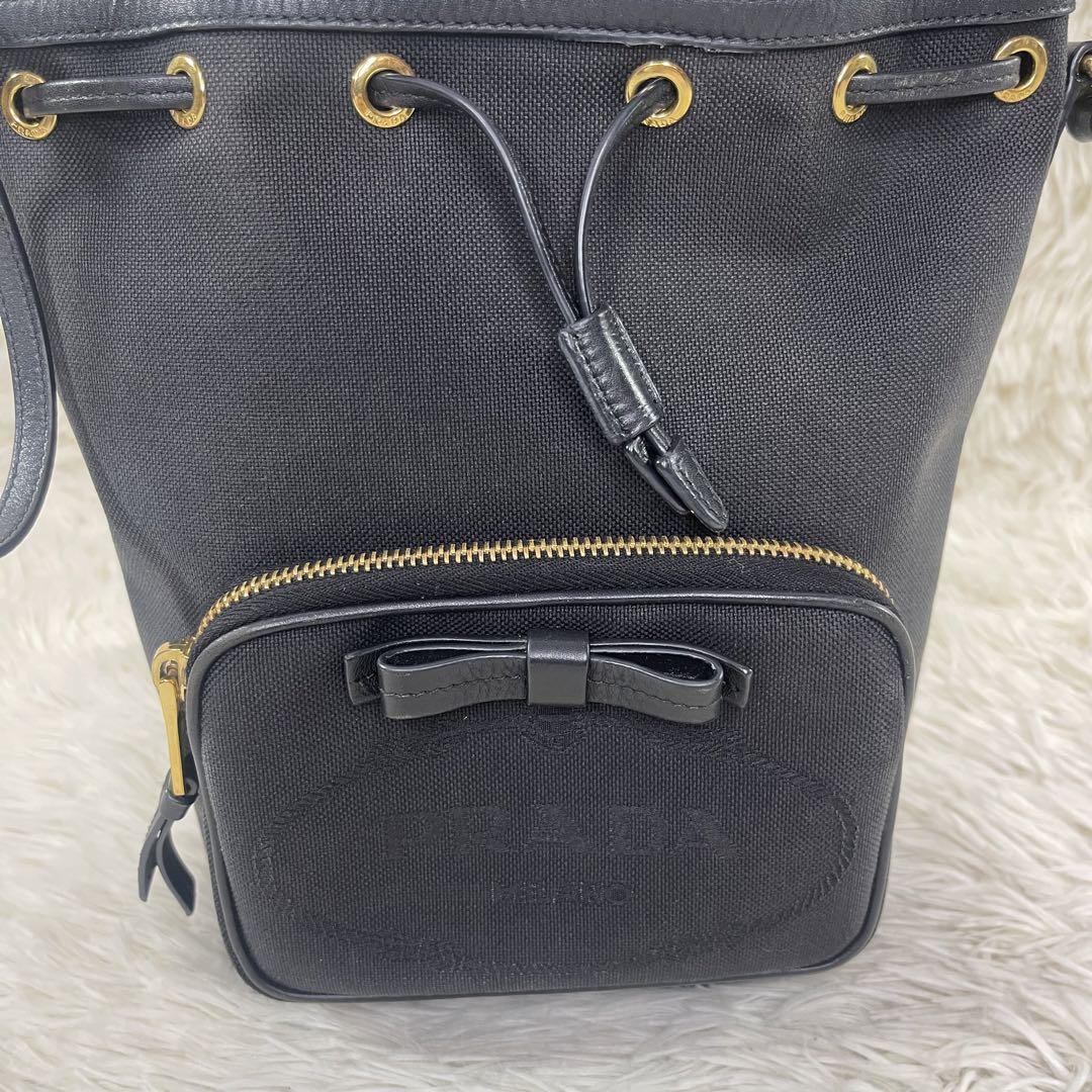 美品‼️ PRADA ショルダーバッグ ジャガード リボン ブラック 画像3