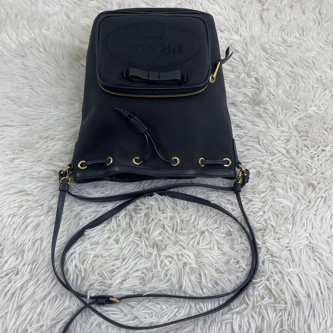 美品‼️ PRADA ショルダーバッグ ジャガード リボン ブラック 画像7