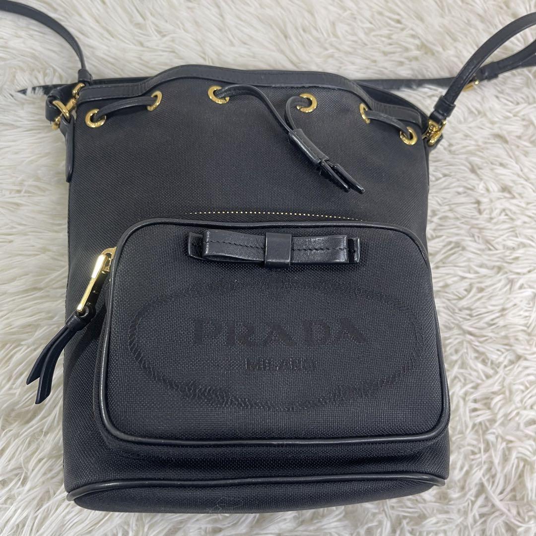美品‼️ PRADA ショルダーバッグ ジャガード リボン ブラック 画像8