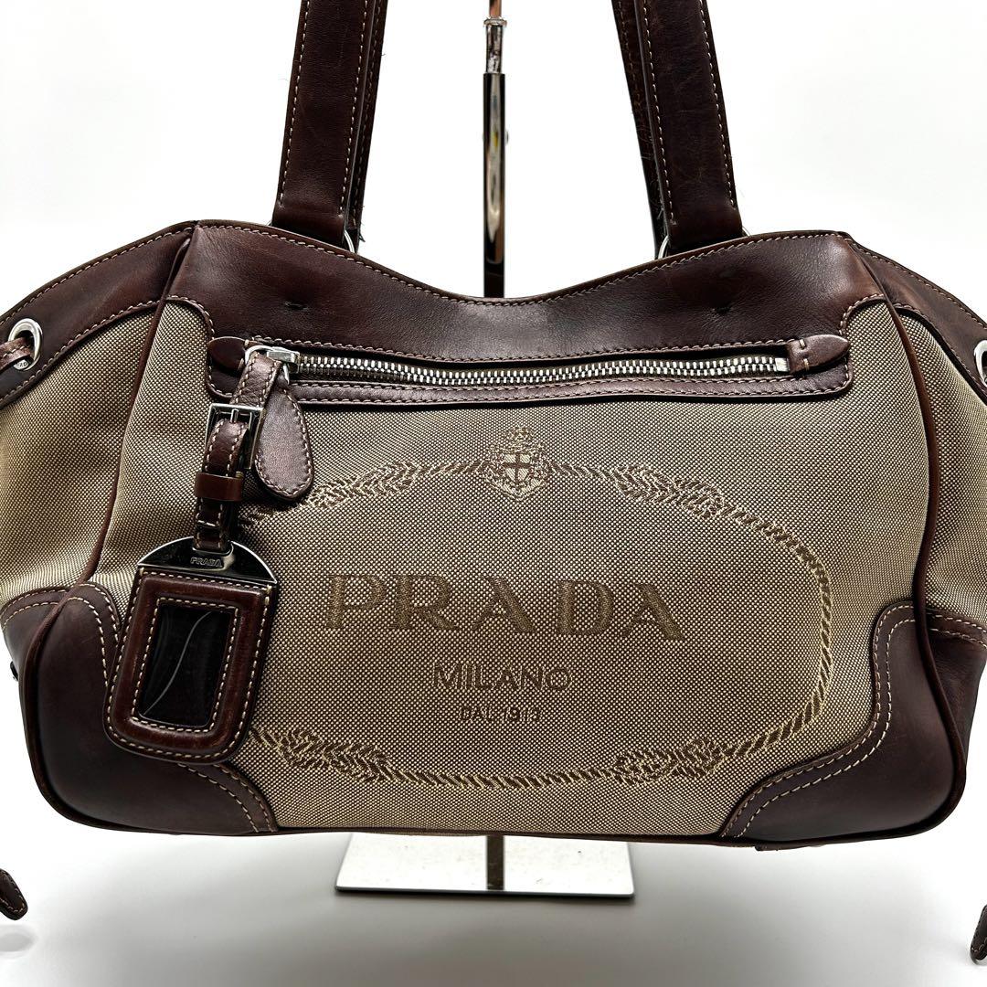 ！新品同然！　PRADA プラダ　ショルダーバッグ　レザー　キャンバス 良品✨プラダ キャンバス レザー ショルダーバッグ ワン