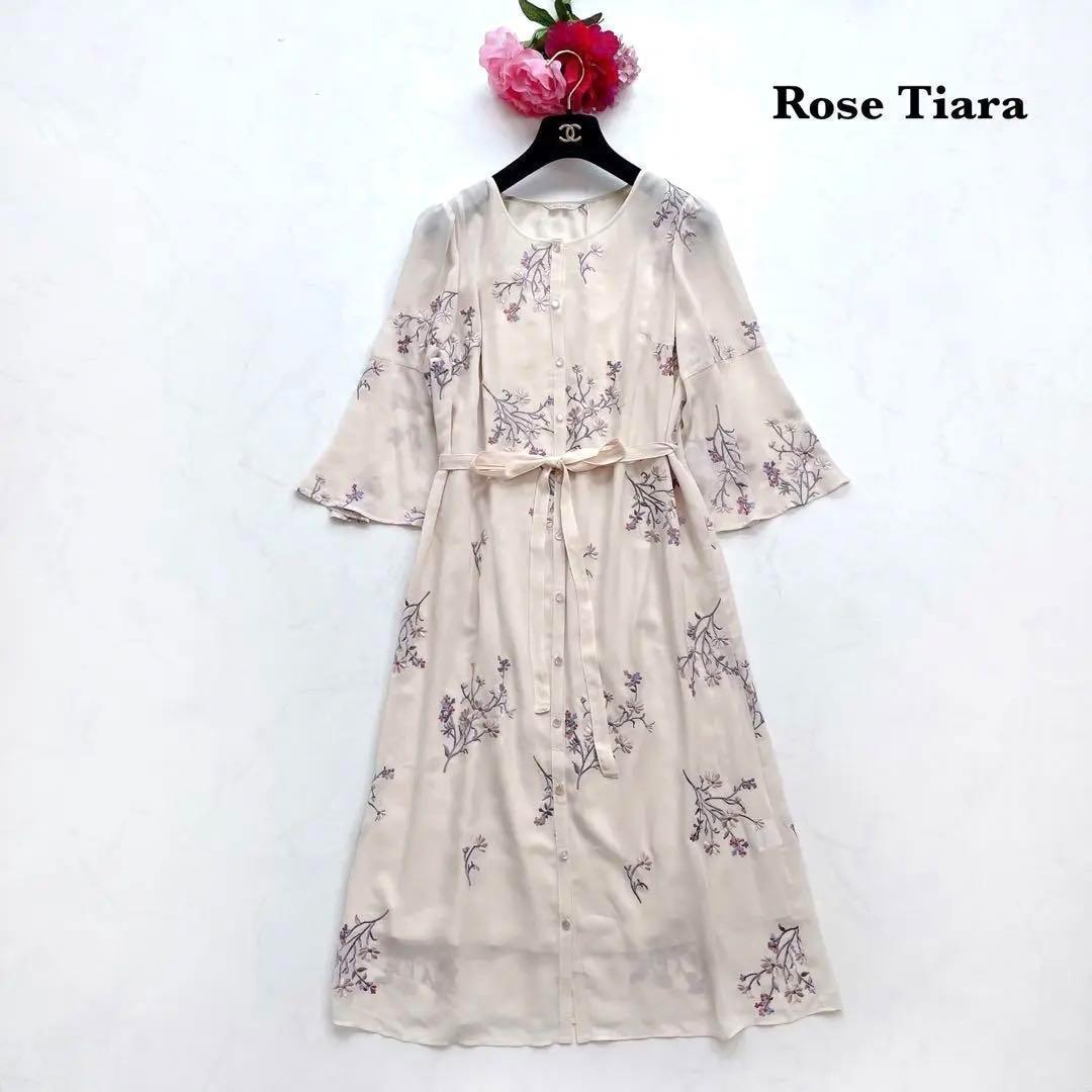 【Rose Tiara】大きいサイズ*シフォンワンピース フレア 花柄刺繍 42