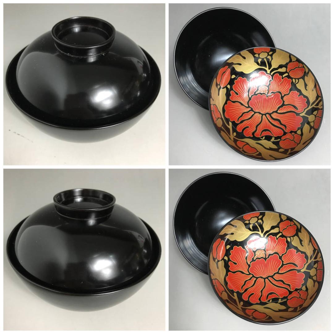 蔵出し 漆器 越前塗? 御吸物椀 汁椀 牡丹彫 漆 裏蓋牡丹蒔絵 沈金 黒
