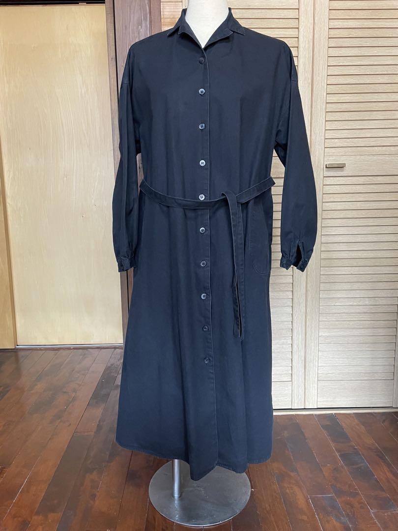 Gauze# シャツワンピース ロングワンピース 黒 長袖 ベルト付き