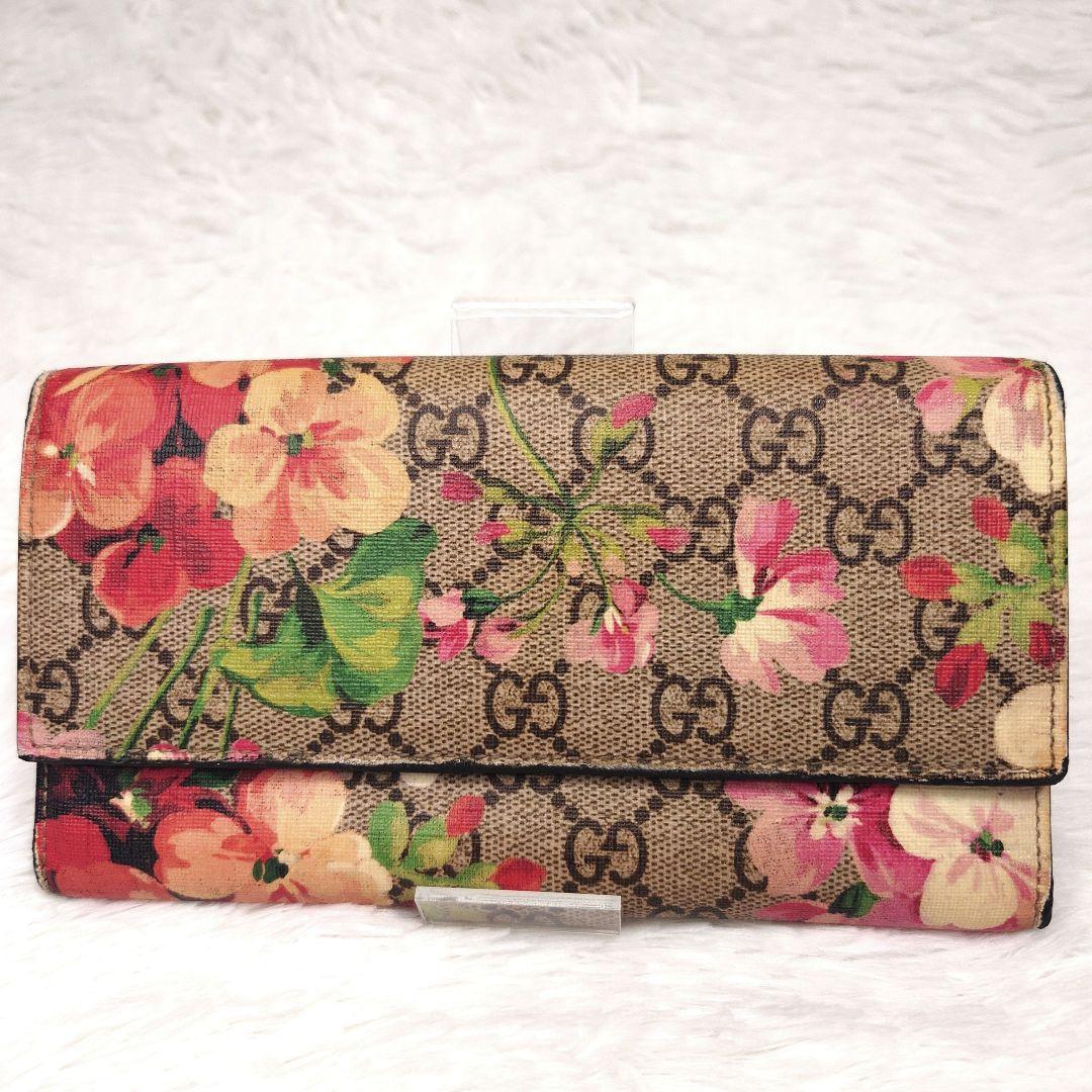 【美品】グッチ 長財布 ブルームス GGスプリーム GG柄 ボタン式 フラワー