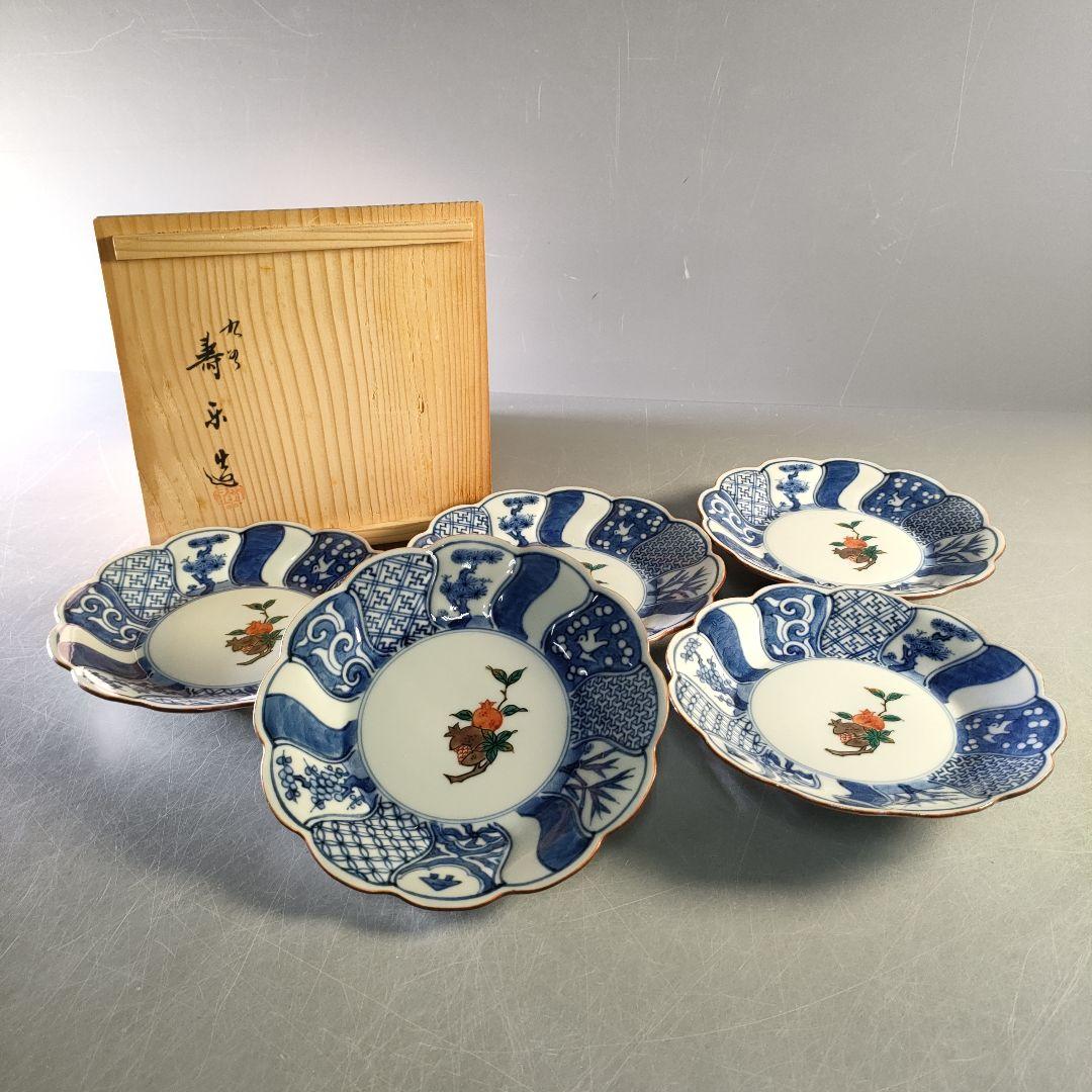 A1251-7/九谷焼/寿楽 造/染付花鳥文銘々皿5客/共箱/菓子皿/懐石道具/