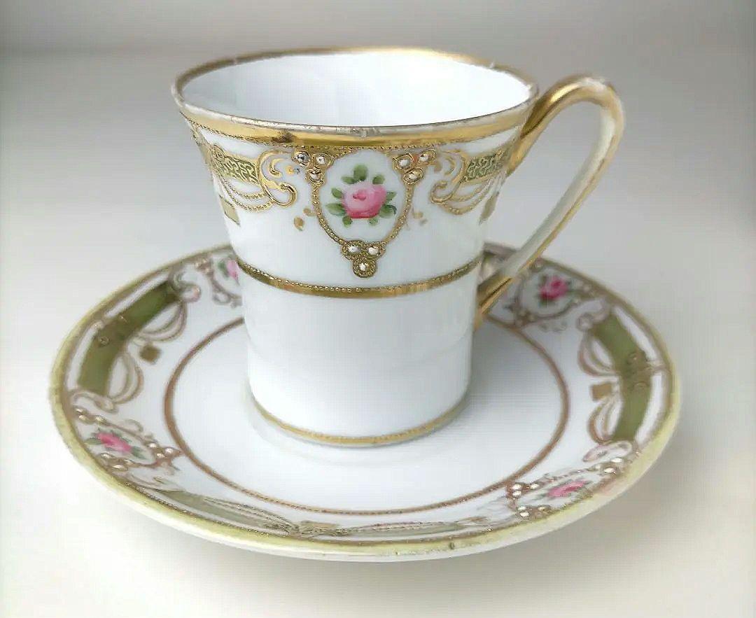 オールドノリタケ エナメル金彩盛り上げ薔薇絵カップ＆ソーサー 8,208円