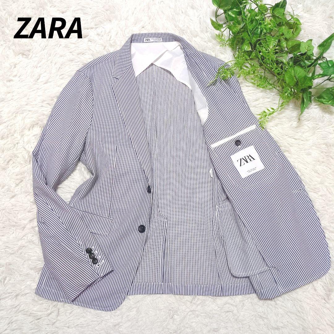 美品■ZARA テーラードジャケット シアサッカー ストライプ 軽量 洗える L