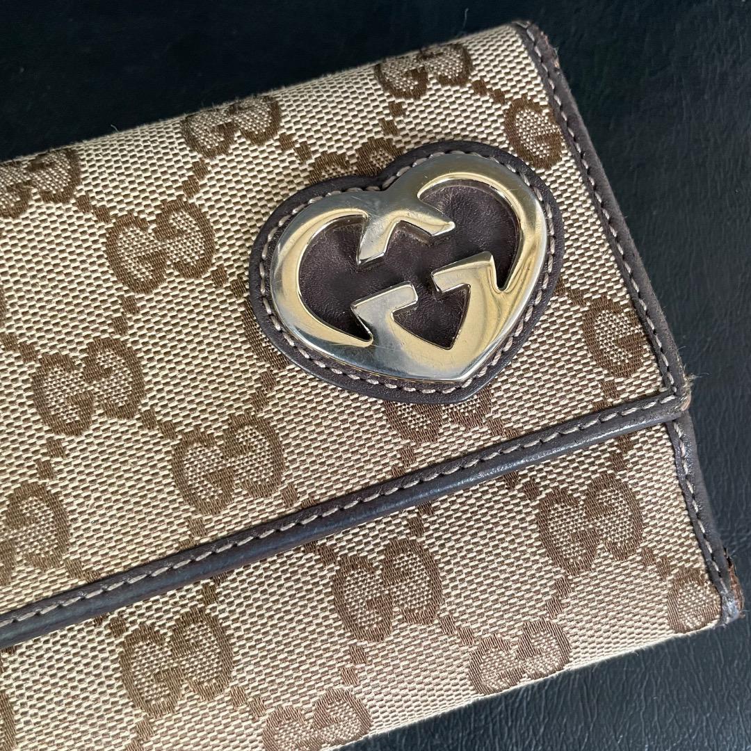 ✨ヴィンテージ✨GUCCI GG柄 ハート金具 長財布 茶×ベージュ