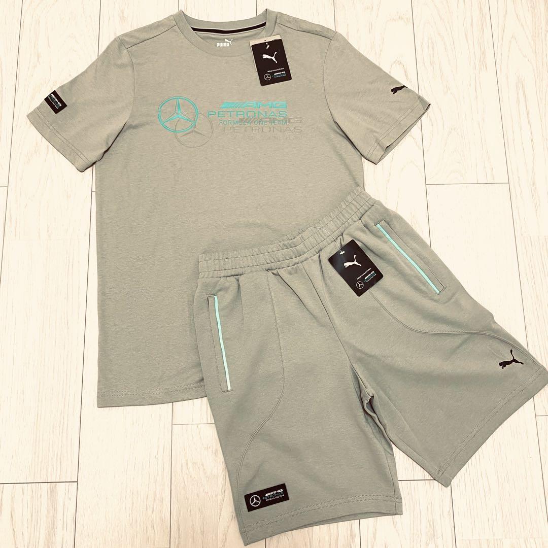 【プーマ×メルセデスベンツ】人気AMG 立体ラバーロゴストレッチ上下セットアップ 新品タグ付】PUMA AMG ベンツ セットアップ メンズS カーキ 半袖