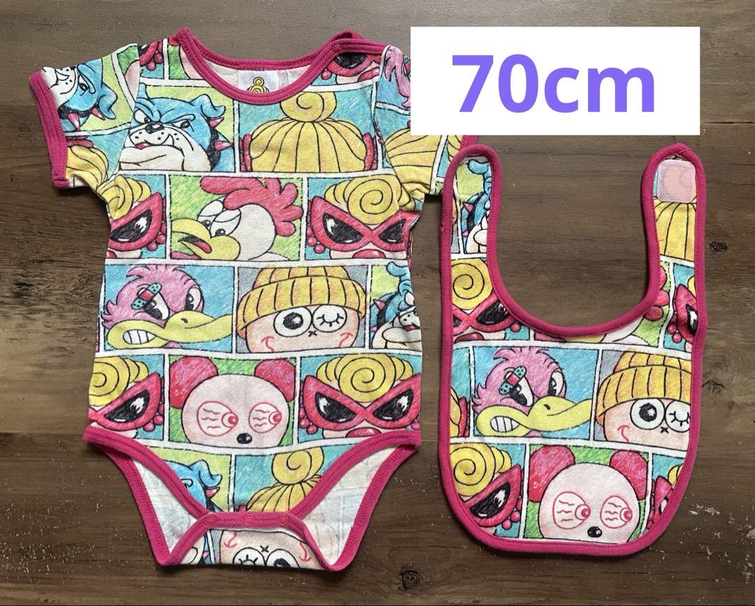 ヒステリックミニ　半袖総柄ロンパース　スタイ付き　70cm ピンク　美品