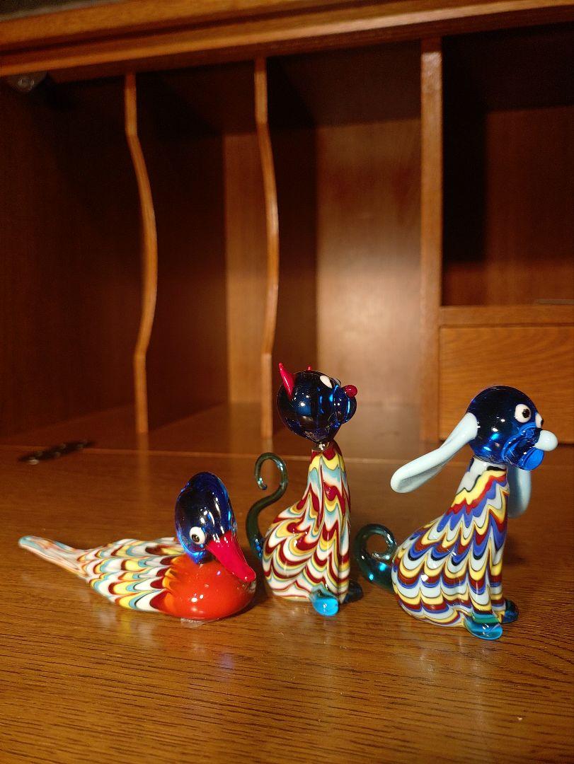 MURANO　ムラーノ　ベネチアンガラス　　3体セット　猫　犬　鴨　置物　小物