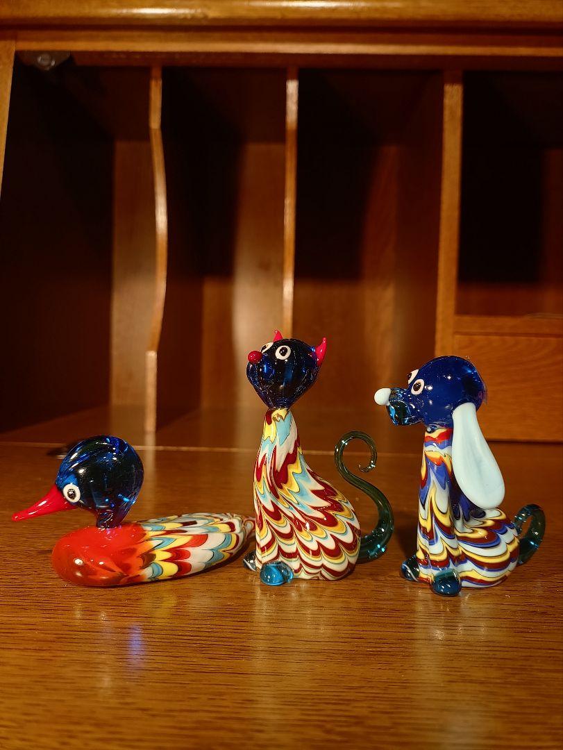 MURANO　ムラーノ　ベネチアンガラス　　3体セット　猫　犬　鴨　置物　小物