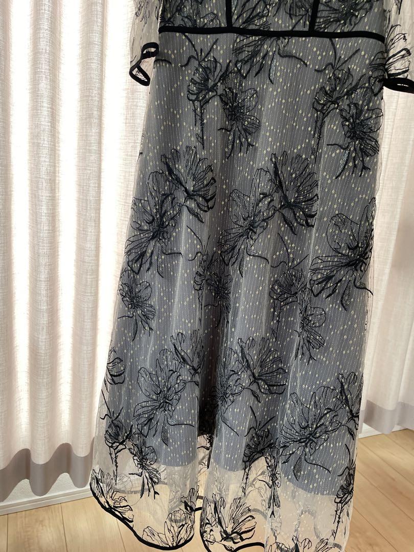 Leja パイピングプチハイネック花柄刺繍ラメレースロング丈ドレスワンピース s