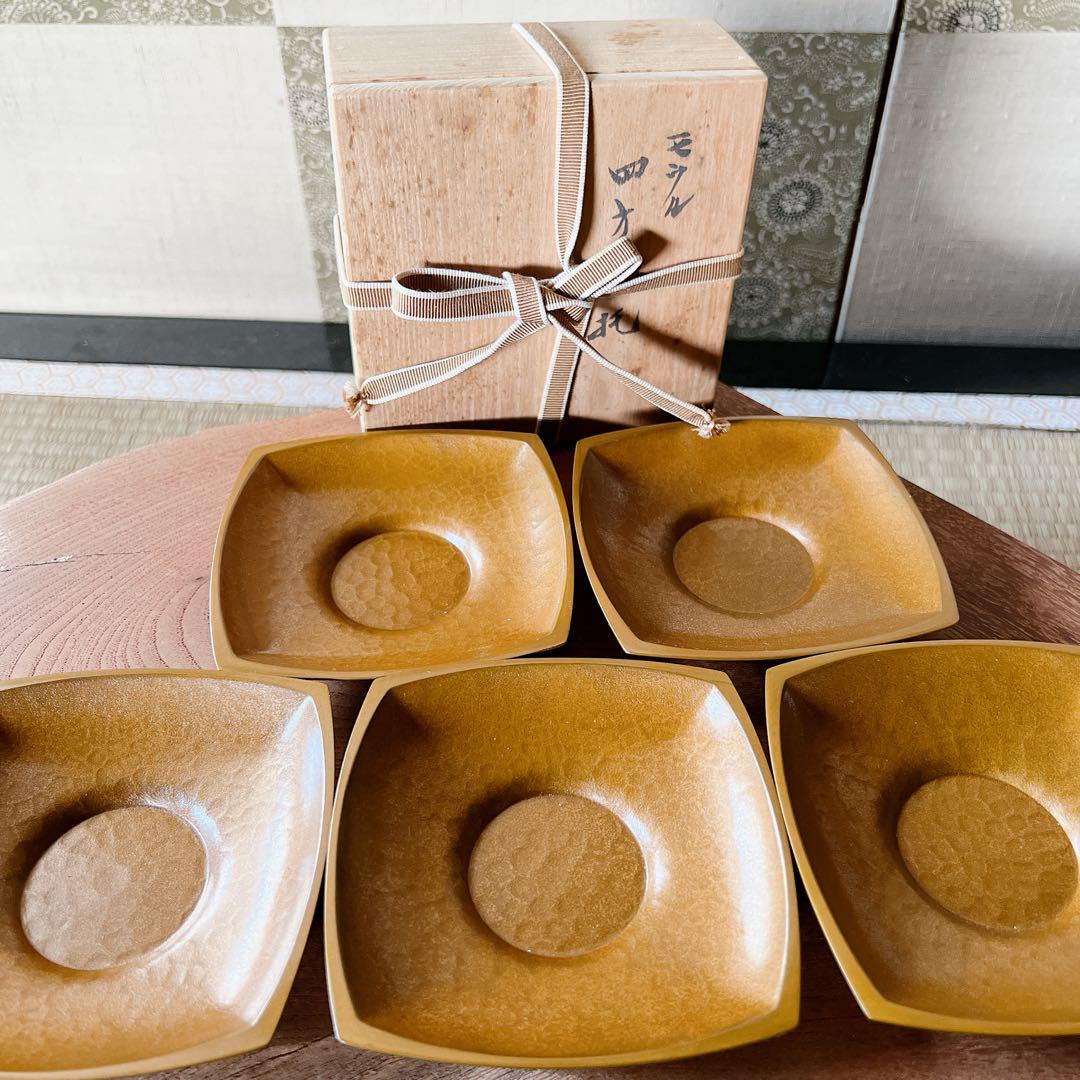 茶托　鎚目　田中秀明造　木製茶托 5枚セット 木箱入り　金属美術鎚起工芸