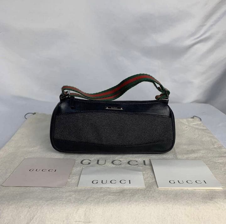 GUCCI シェリーライン GG柄 アクセサリーポーチ デニム レザー 黒